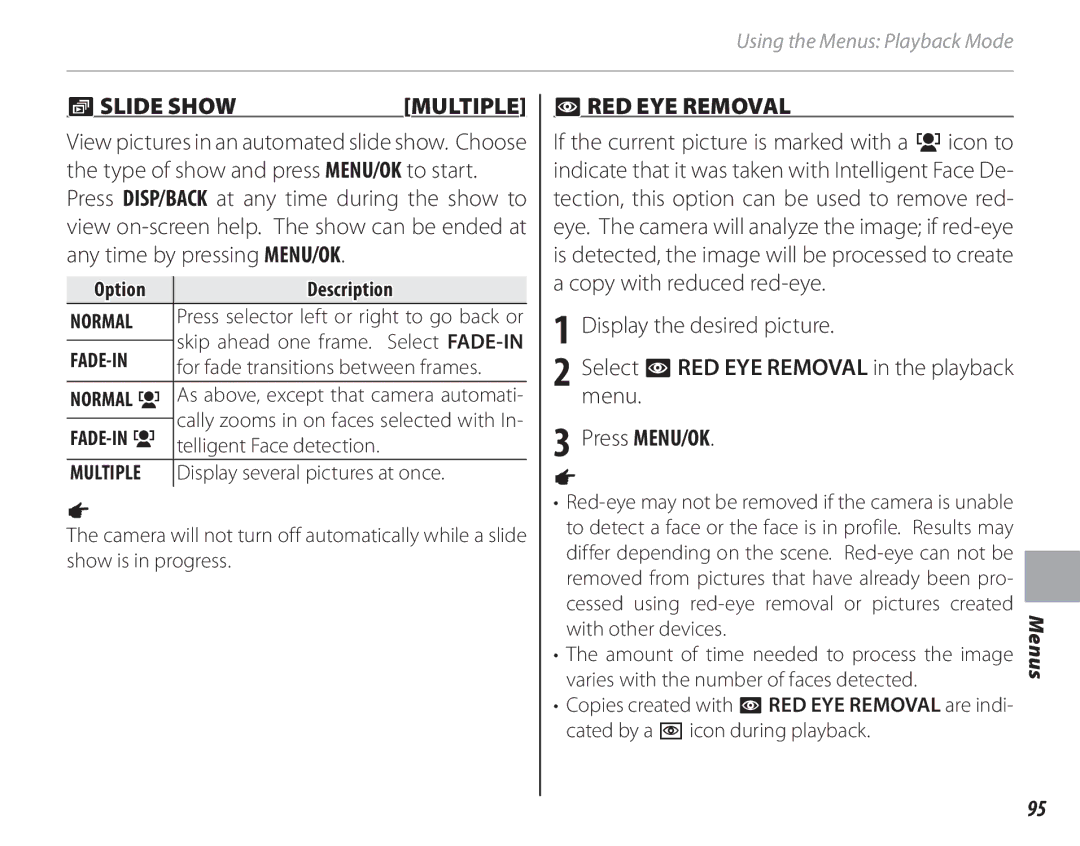 FujiFilm 16286187-4-KIT owner manual  SLIDE Show, RED EYE Removal, Press MENU/OK 